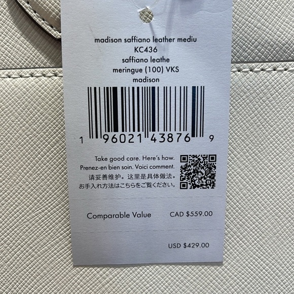 Kate Spade Madison Saffiano Leather Medium Satchel
COLOR:
Meringue 
NWT - Picture 11 of 16